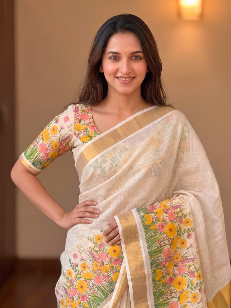 Onam Linen Slub Cotton Saree Collection – ₹950