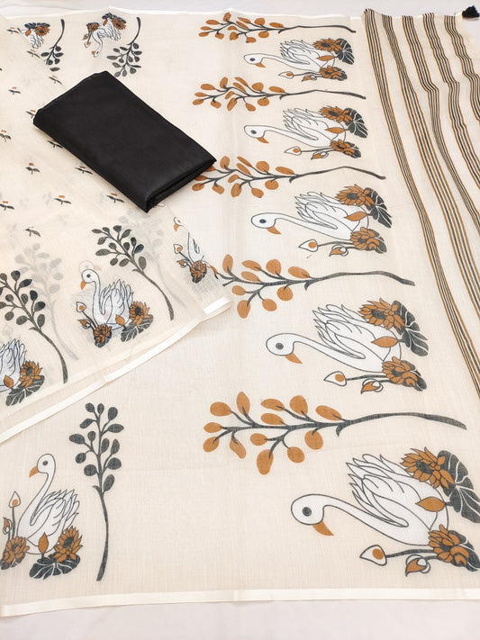 Soft Linen Slub Cotton Printed Saree – ₹799