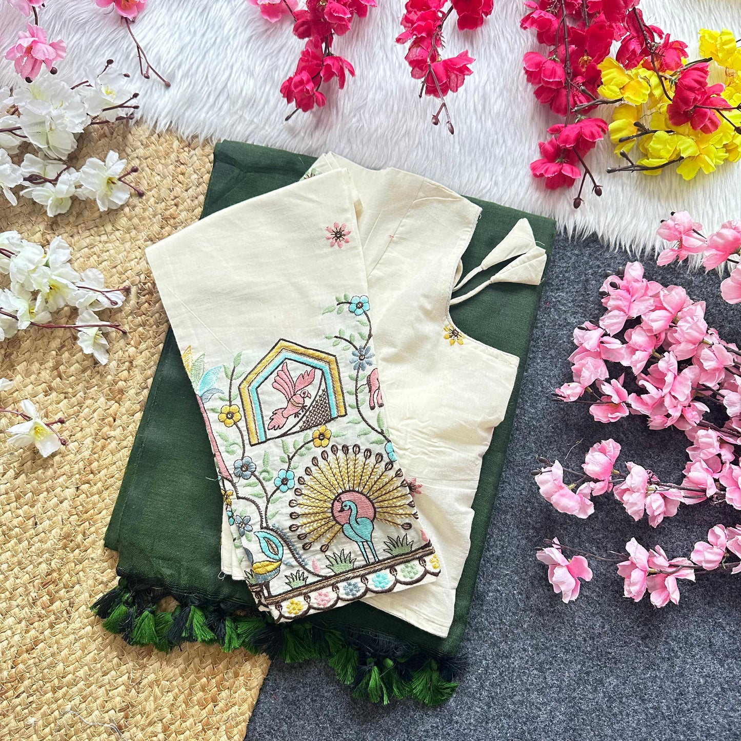 Khadi Cotton Plain Saree with Long Sleeve Embroidered Readymade Blouse – ₹1299