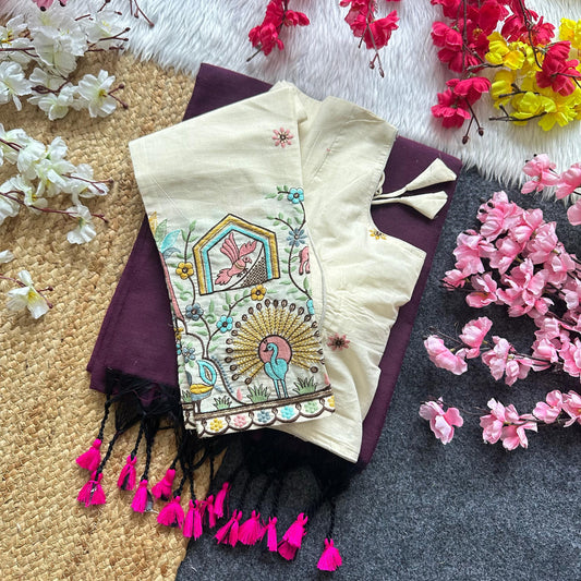 Khadi Cotton Plain Saree with Long Sleeve Embroidered Readymade Blouse – ₹1299