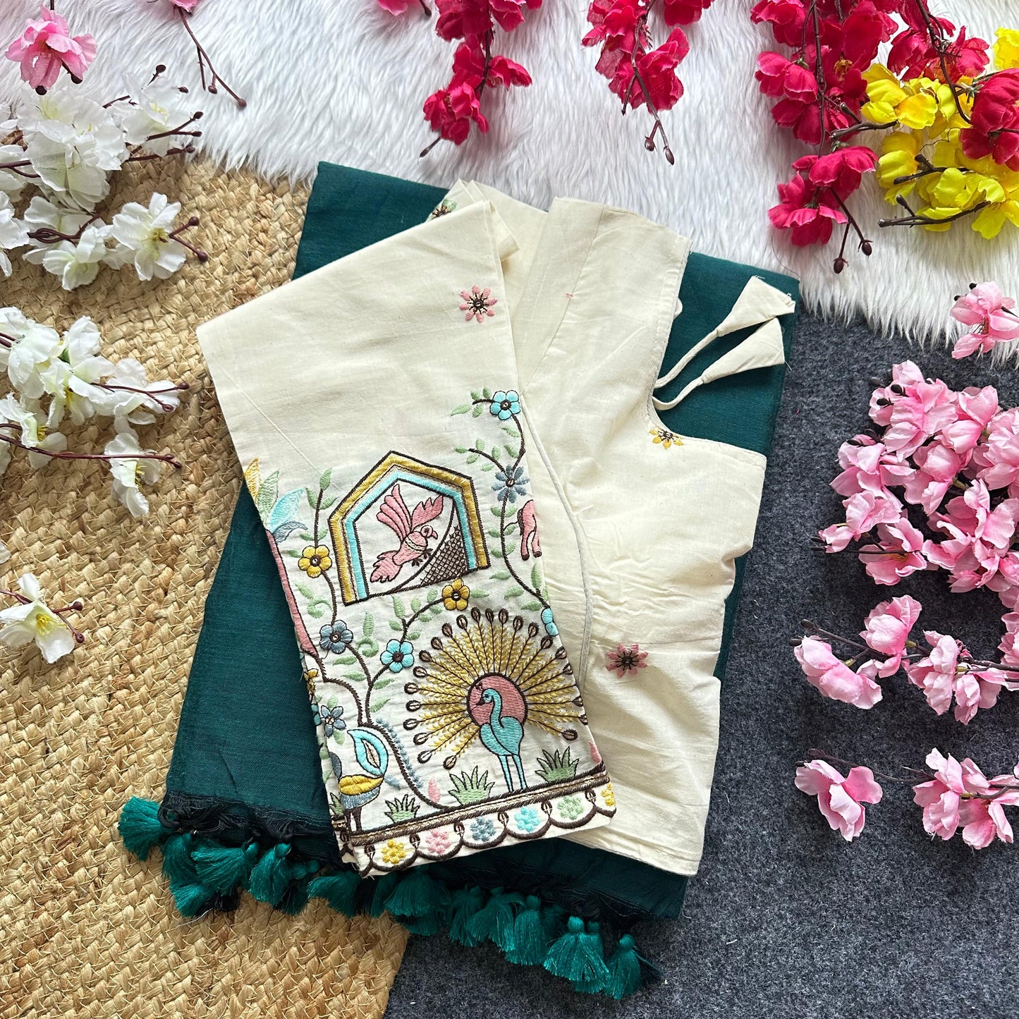 Khadi Cotton Plain Saree with Long Sleeve Embroidered Readymade Blouse – ₹1299