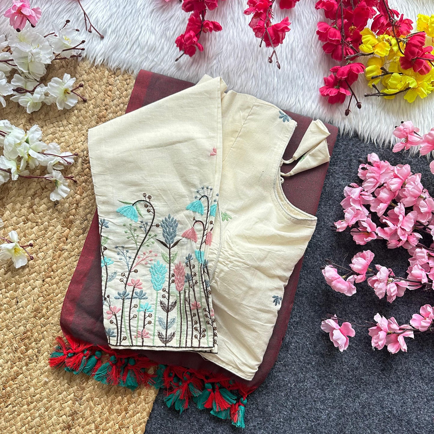 Khadi Cotton Plain Saree with Long Sleeve Embroidered Readymade Blouse – ₹1299
