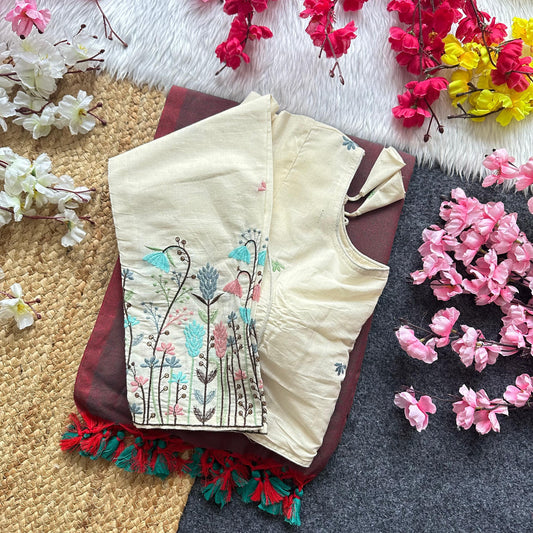 Khadi Cotton Plain Saree with Long Sleeve Embroidered Readymade Blouse – ₹1299