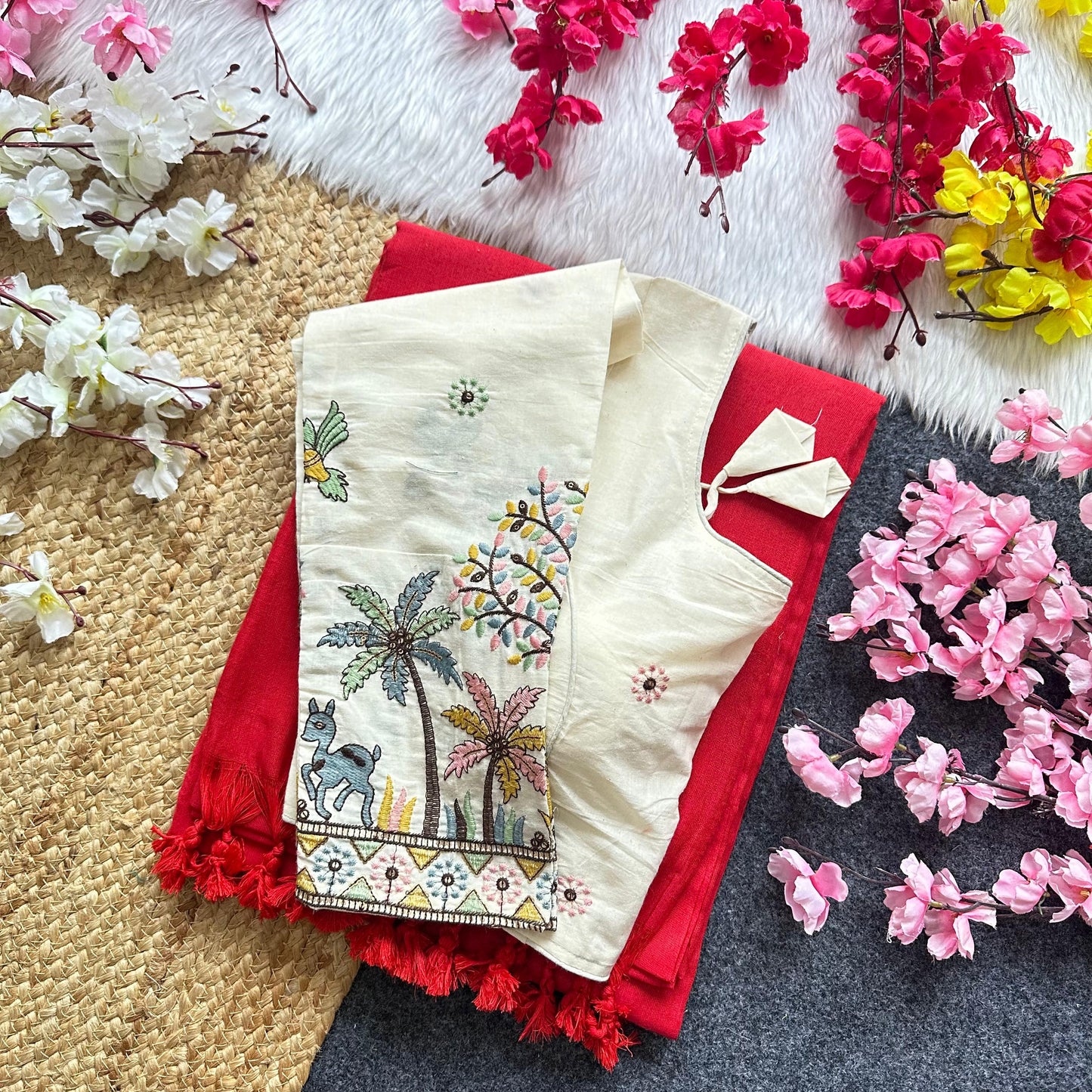 Khadi Cotton Plain Saree with Long Sleeve Embroidered Readymade Blouse – ₹1299