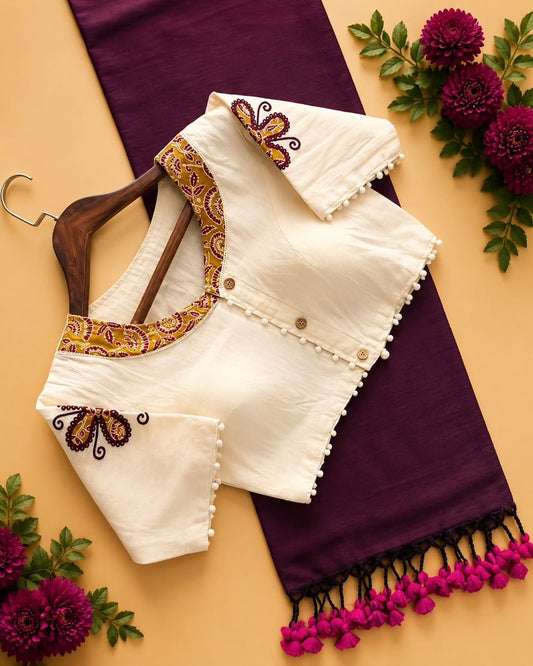 Khadi Cotton Saree with Appliqué Work Embroidery & Ajrakh Patch Work Blouse – ₹1299