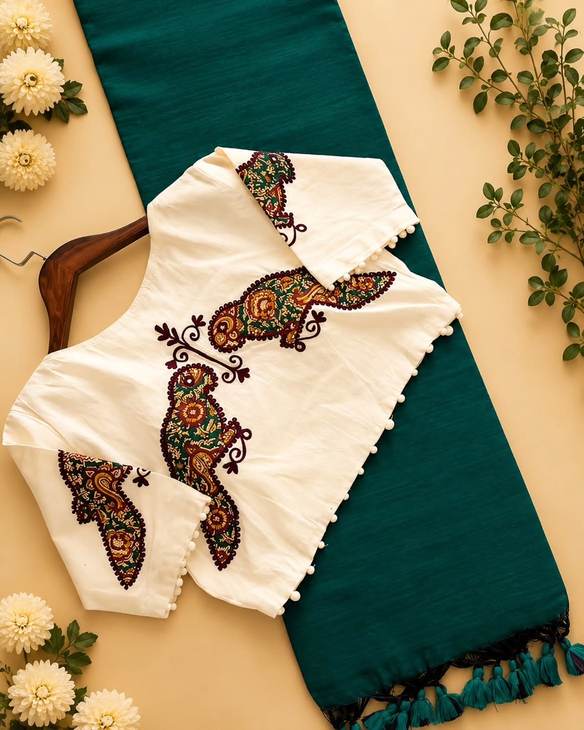 Khadi Cotton Saree with Appliqué Work Embroidery & Ajrakh Patch Work Blouse – ₹1299