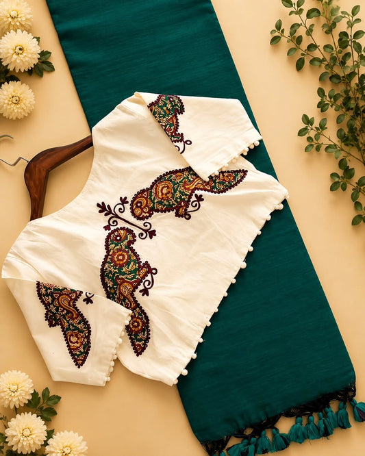 Khadi Cotton Saree with Appliqué Work Embroidery & Ajrakh Patch Work Blouse – ₹1299