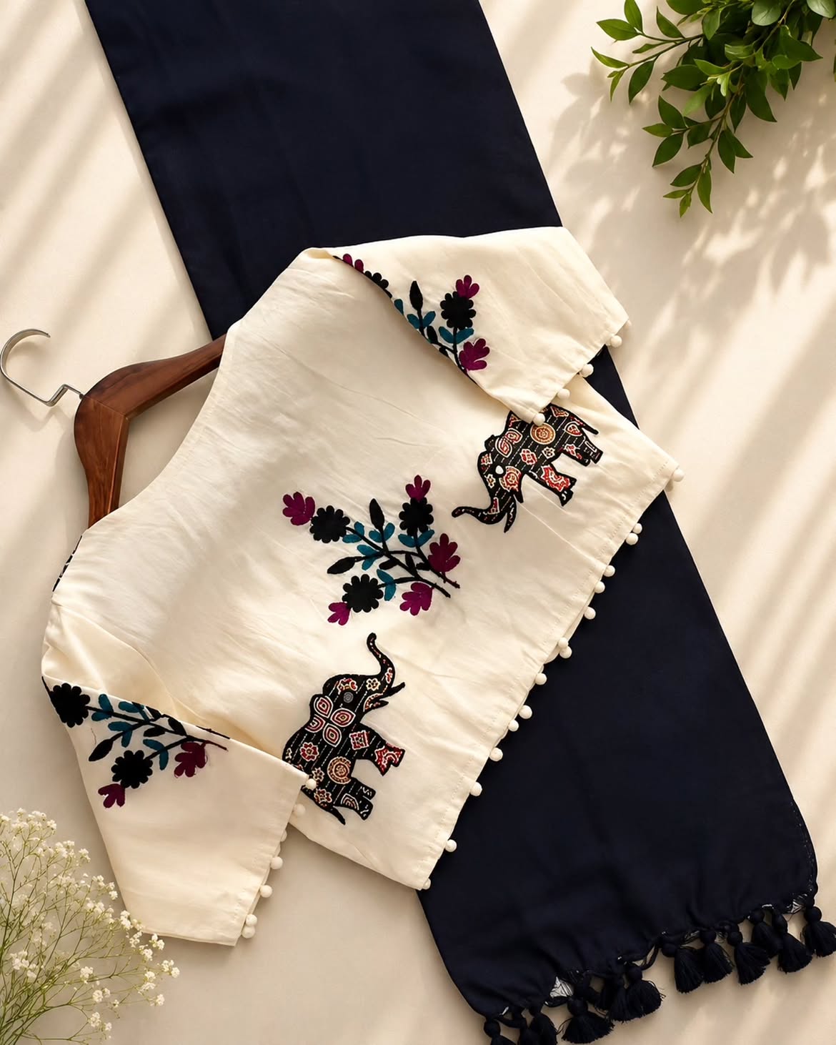Khadi Cotton Saree with Appliqué Work Embroidery & Ajrakh Patch Work Blouse – ₹1299