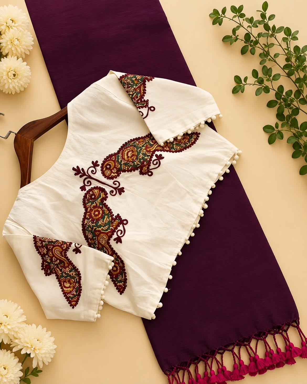 Khadi Cotton Saree with Appliqué Work Embroidery & Ajrakh Patch Work Blouse – ₹1299