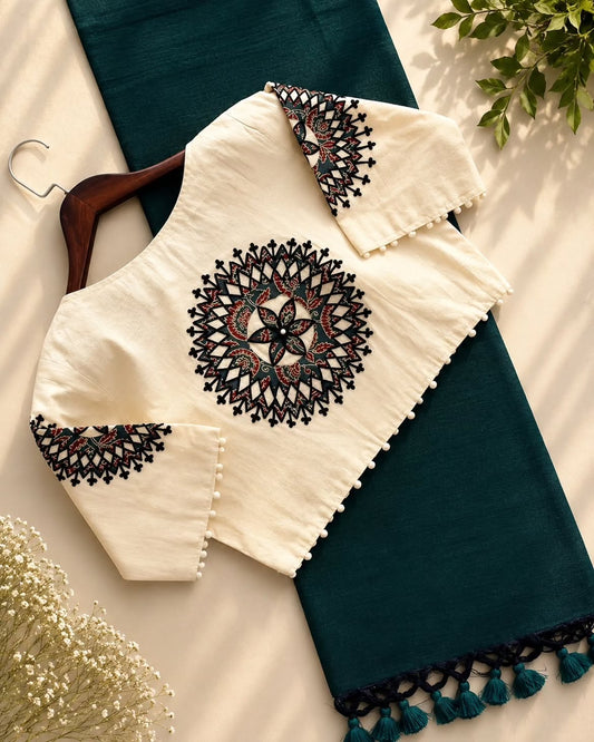 Khadi Cotton Saree with Appliqué Work Embroidery & Ajrakh Patch Work Blouse – ₹1299