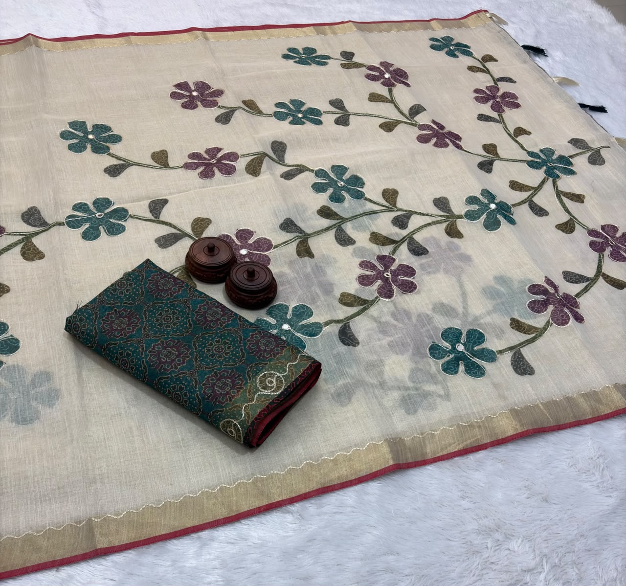 Bengal Linen Tissue Saree with Embroidered Pallu  & Ajrakh Printed Blouse – ₹1250
