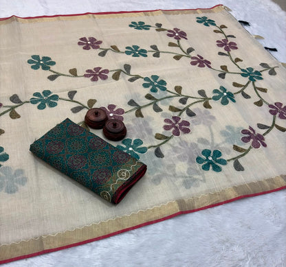 Bengal Linen Tissue Saree with Embroidered Pallu  & Ajrakh Printed Blouse – ₹1250
