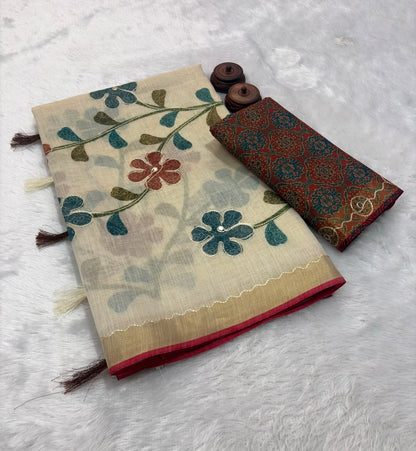 engal Linen Tissue Saree with Embroidered Pallu  & Ajrakh Printed Blouse – ₹1250