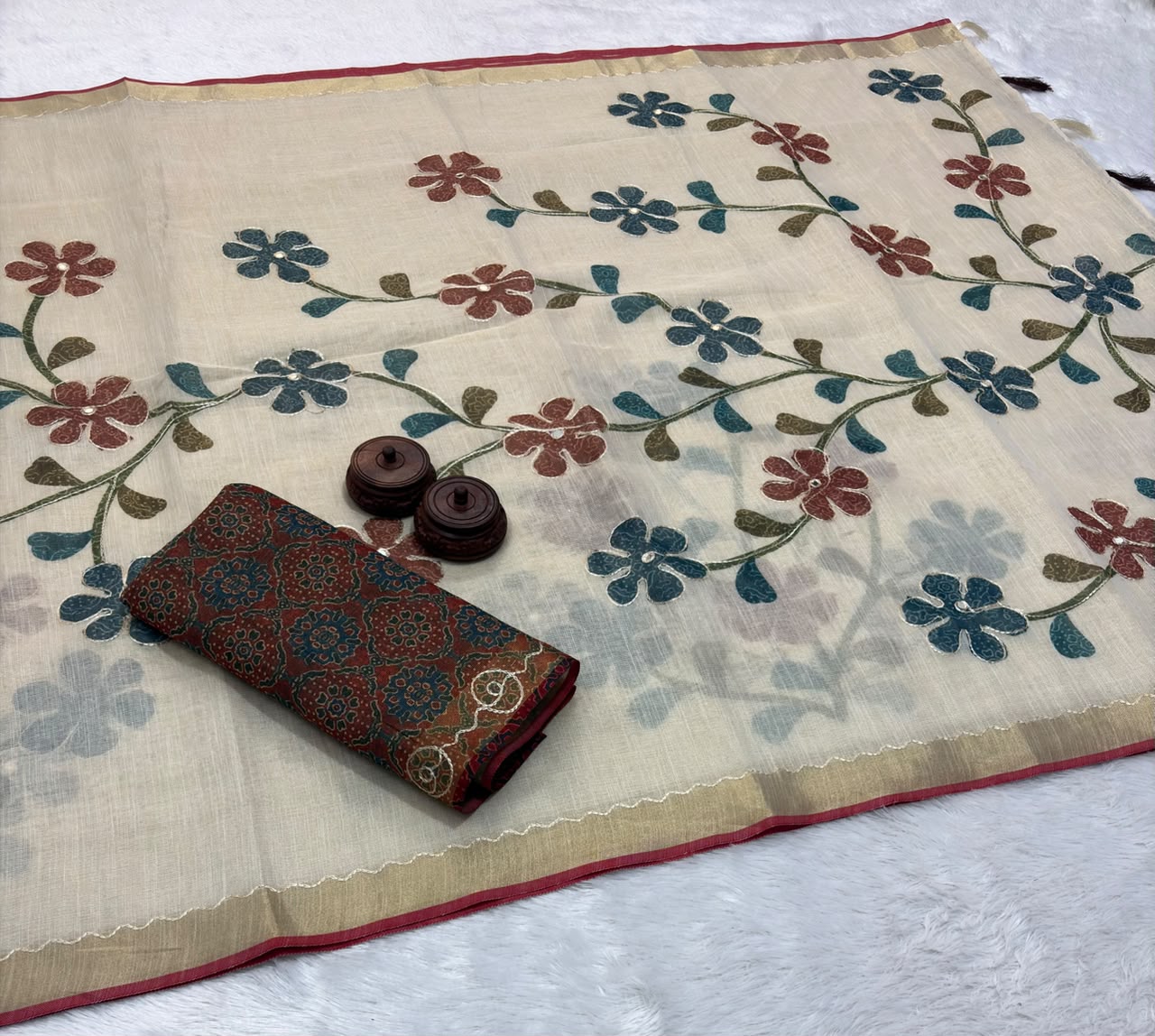 engal Linen Tissue Saree with Embroidered Pallu  & Ajrakh Printed Blouse – ₹1250