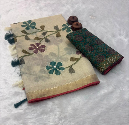 Bengal Linen Tissue Saree with Embroidered Pallu  & Ajrakh Printed Blouse – ₹1250