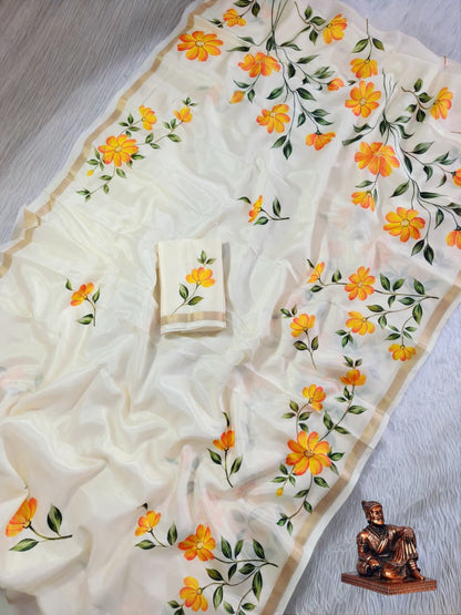 Polyester Mix Crepe Silk Saree with Floral Prints & Zari Borders – ₹999