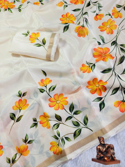 Polyester Mix Crepe Silk Saree with Floral Prints & Zari Borders – ₹999