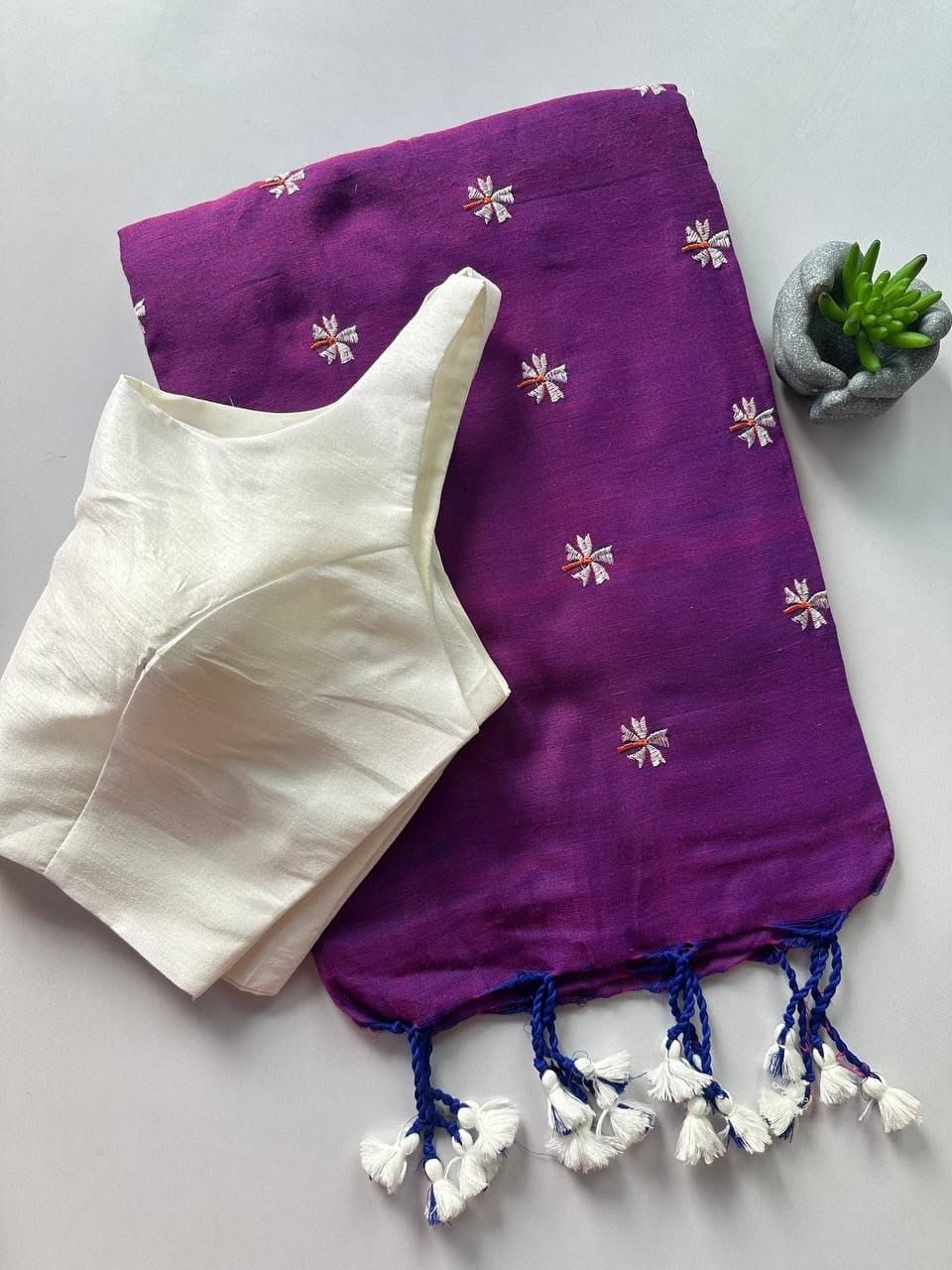 Khadi Cotton Embroidered Readymade Saree with Blouse – ₹1199