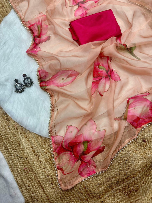 Soft Tabby Organza Silk Saree with Cut Bead Work & Scalloped Borders – ₹1299