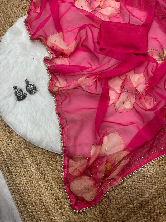 Soft Tabby Organza Silk Saree with Cut Bead Work & Scalloped Borders – ₹1299