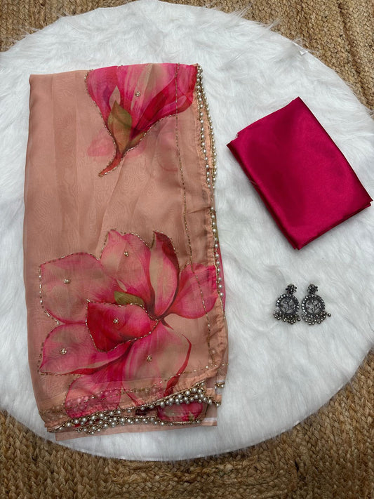 Soft Tabby Organza Silk Saree with Cut Bead Work & Scalloped Borders – ₹1299