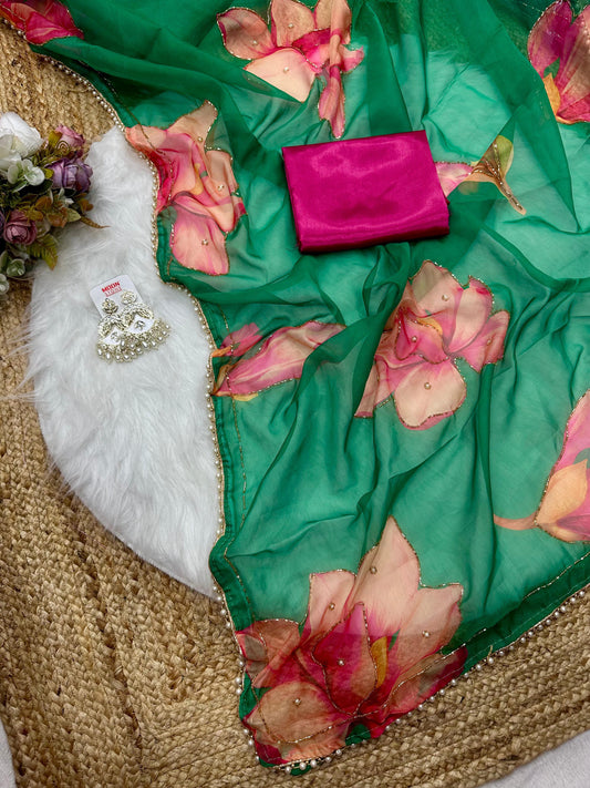 Soft Tabby Organza Silk Saree with Cut Bead Work & Scalloped Borders – ₹1299