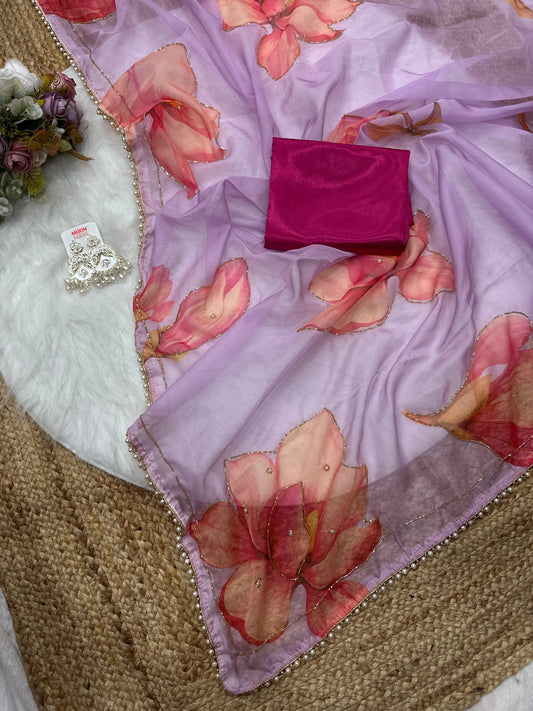 Soft Tabby Organza Silk Saree with Cut Bead Work & Scalloped Borders – ₹1299