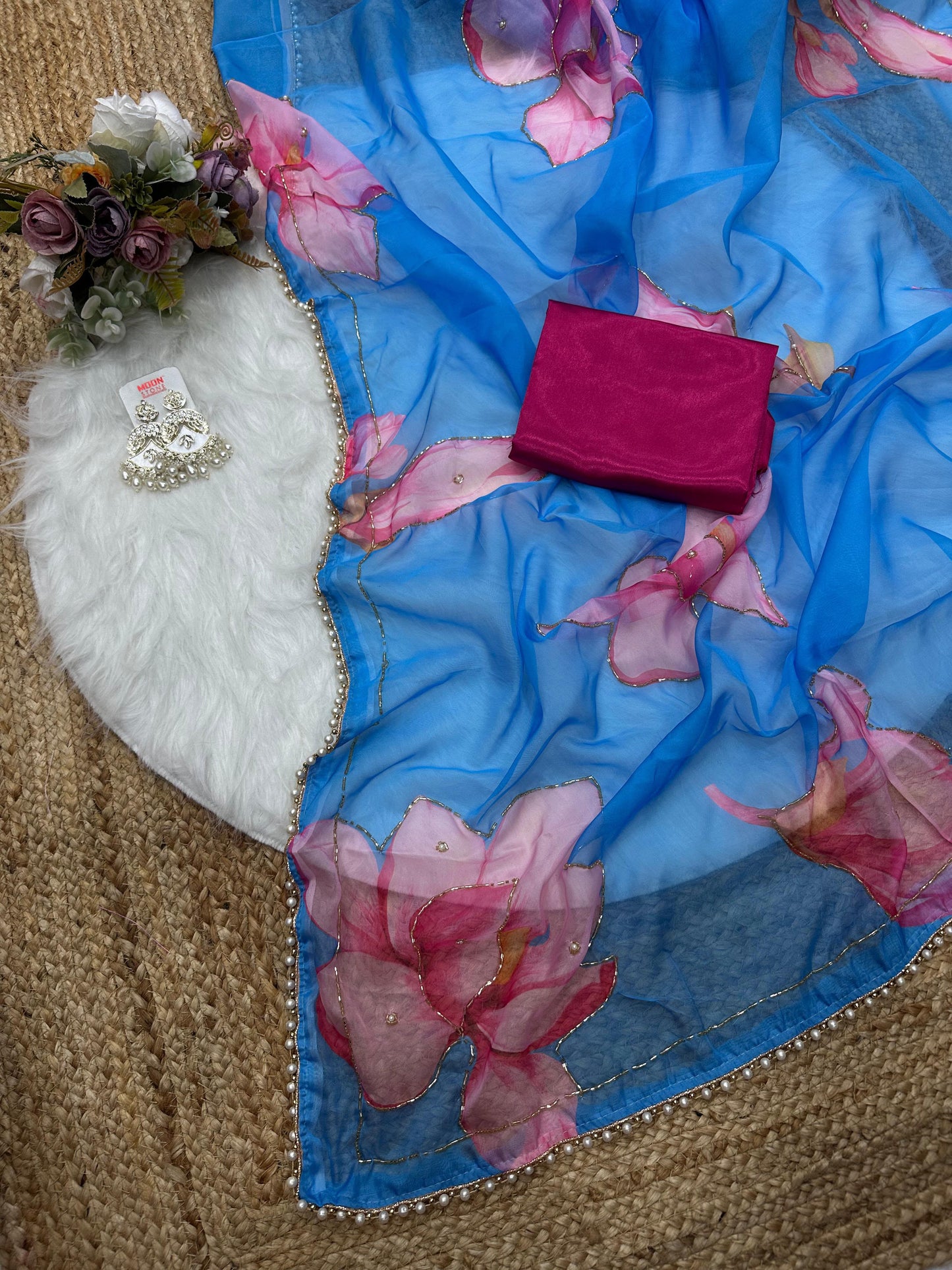 Soft Tabby Organza Silk Saree with Cut Bead Work & Scalloped Borders – ₹1299
