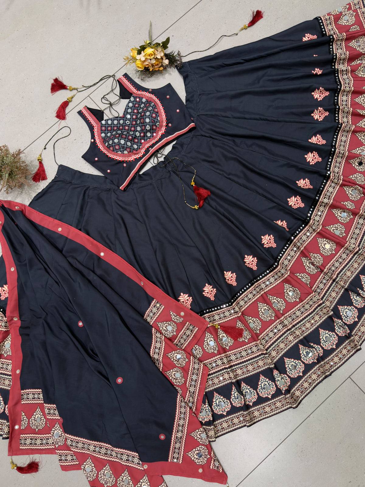 Navaratri Special Rayon Ajrakh Lehenga Set