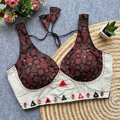 Navaratri Ajrakh Khadi Cotton Mirror Work Readymade Blouse