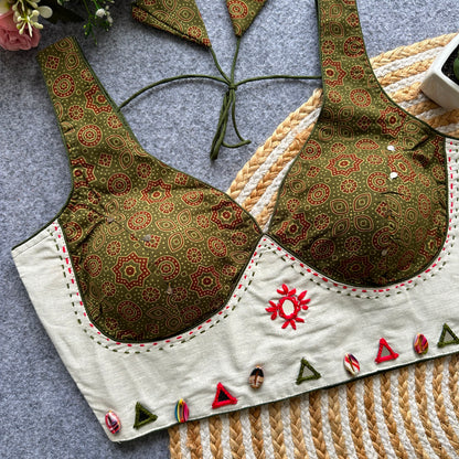 Navaratri Ajrakh Khadi Cotton Mirror Work Readymade Blouse