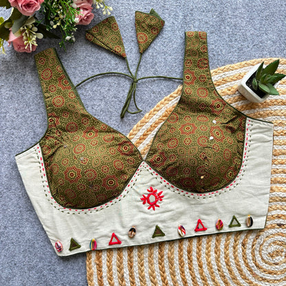 Navaratri Ajrakh Khadi Cotton Mirror Work Readymade Blouse