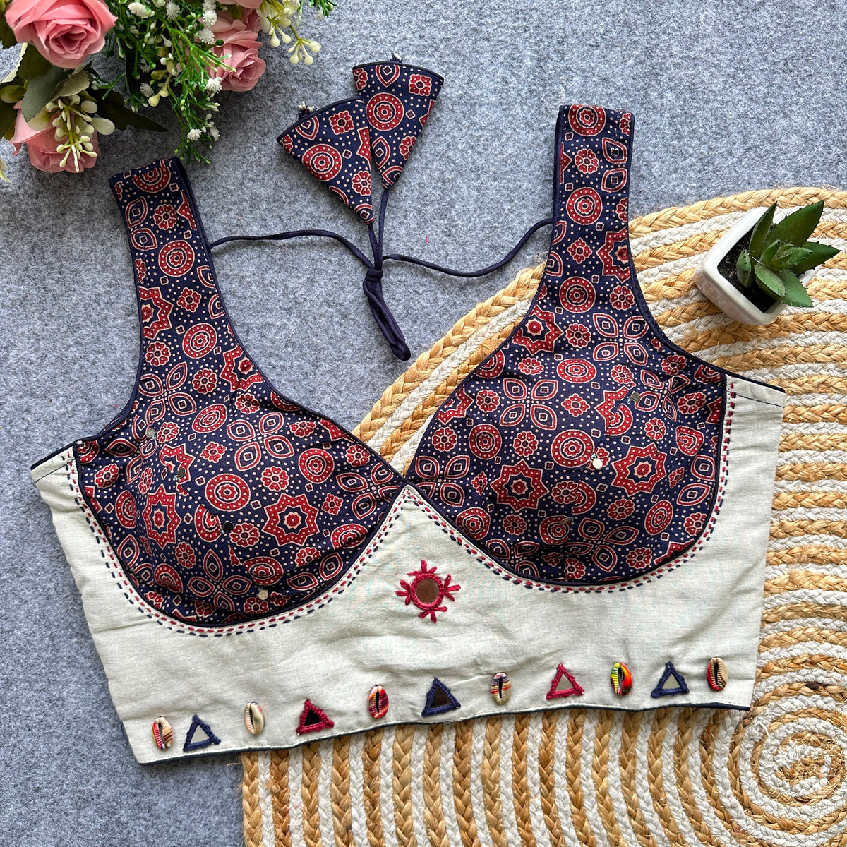 Navaratri Ajrakh Khadi Cotton Mirror Work Readymade Blouse