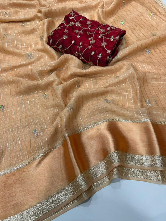 Georgette Viscose Checked Saree with Viscose Zari Weaving