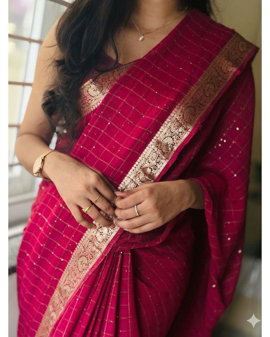Viscose Georgette Zari Checked Saree with Viscose Zari Weaving Borders