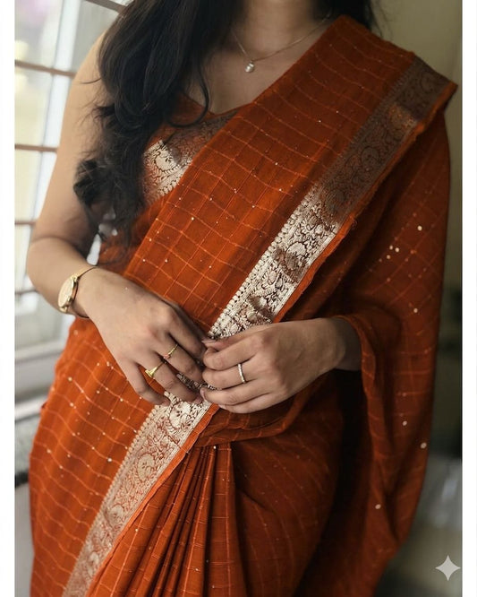 Viscose Georgette Zari Checked Saree with Viscose Zari Weaving Borders
