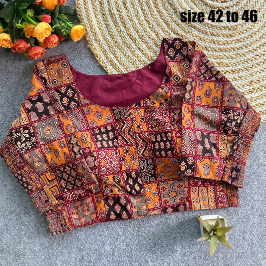 Plus Size Ajrakh Brocade Silk Readymade Side Elastic Blouses