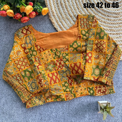 Plus Size Ajrakh Brocade Silk Readymade Side Elastic Blouses