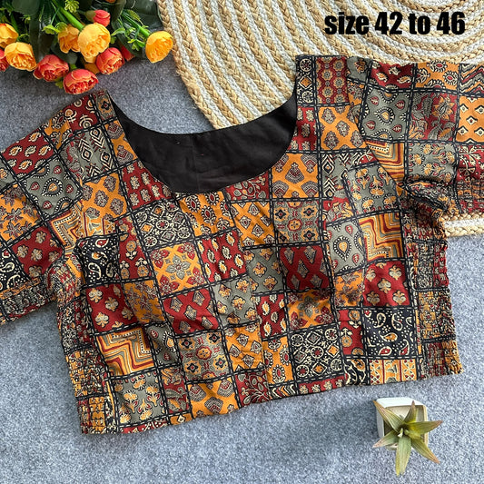 Plus Size Ajrakh Brocade Silk Readymade Side Elastic Blouses