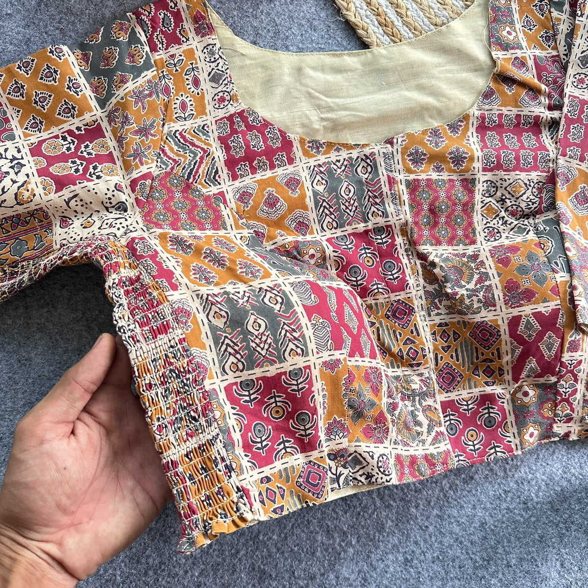 Plus Size Ajrakh Brocade Silk Readymade Side Elastic Blouses