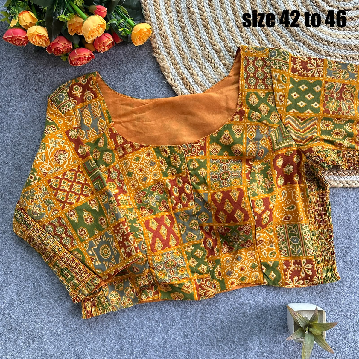 Plus Size Ajrakh Brocade Silk Readymade Side Elastic Blouses