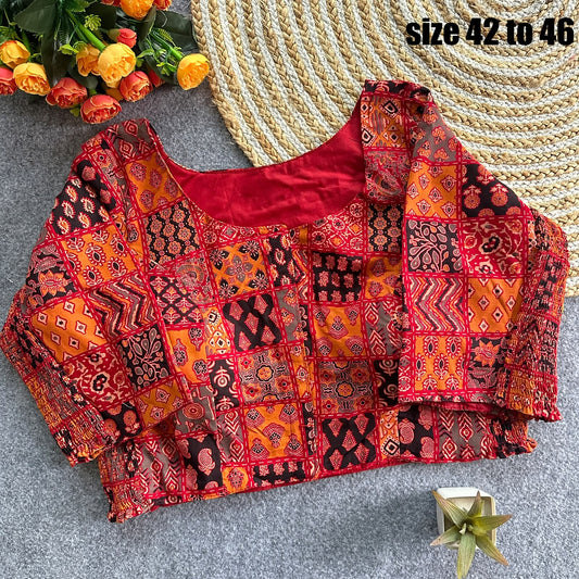 Plus Size Ajrakh Brocade Silk Readymade Side Elastic Blouses
