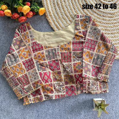 Plus Size Ajrakh Brocade Silk Readymade Side Elastic Blouses