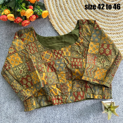 Plus Size Ajrakh Brocade Silk Readymade Side Elastic Blouses