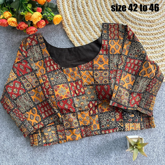 Plus Size Ajrakh Brocade Silk Readymade Side Elastic Blouses