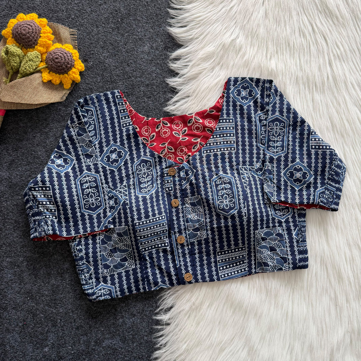 Regular Size Ajrakh Reversible Maslin Silk Readymade Side Elastic Blouses