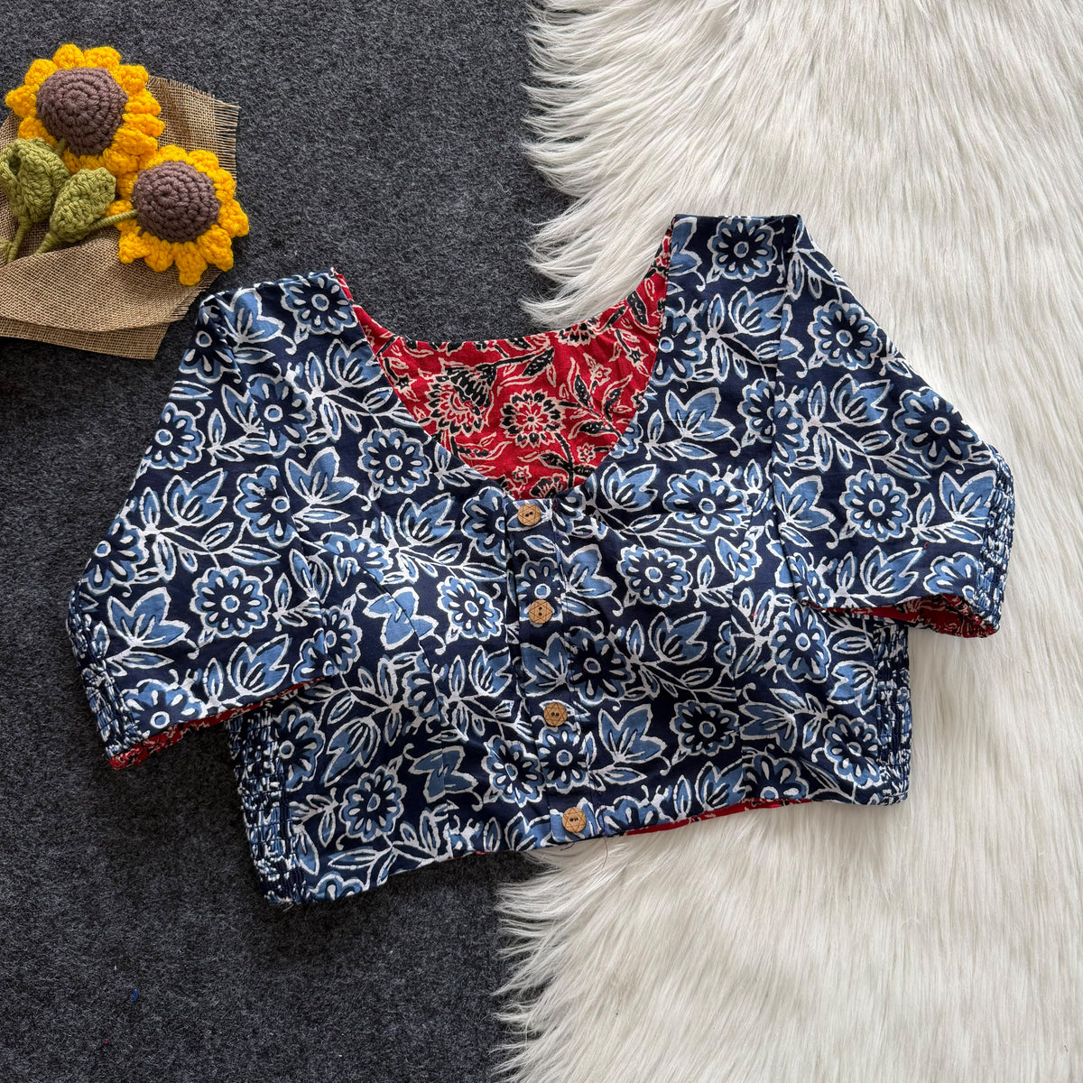 Regular Size Ajrakh Reversible Maslin Silk Readymade Side Elastic Blouses
