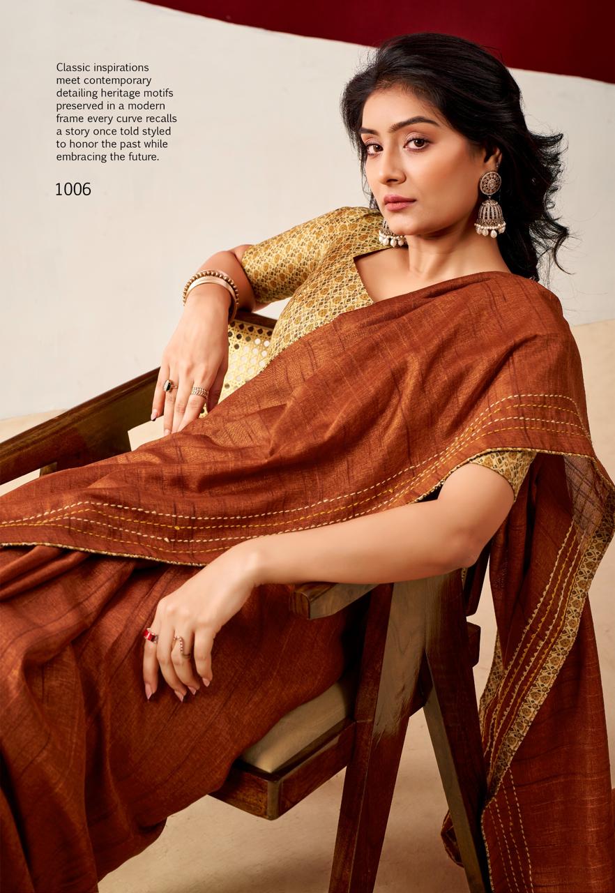 Semi Tussar Silk Sarees with Katha Thread Work Borders