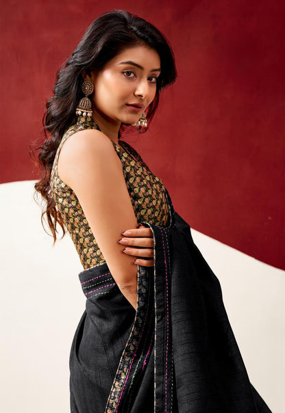 Semi Tussar Silk Sarees with Katha Thread Work Borders