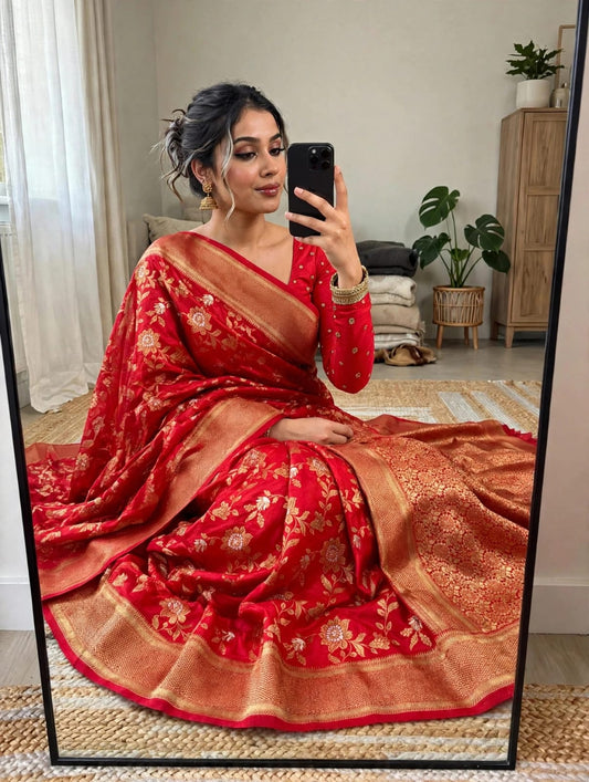 Semi Kanjivaram Jaal Floral Zari Weaving Sarees